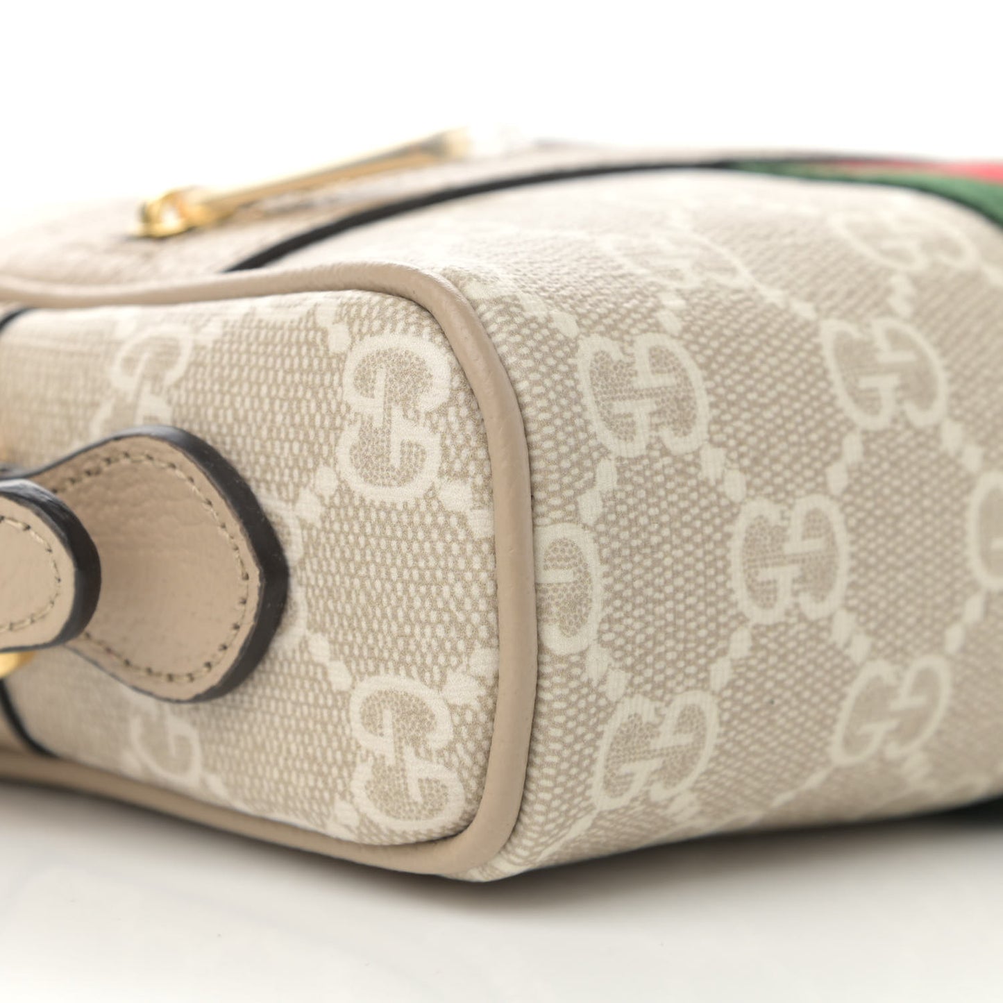 GG Supreme Monogram Textured Calfskin Web Mini Ophidia Shoulder Bag Beige Mystic White Oatmeal