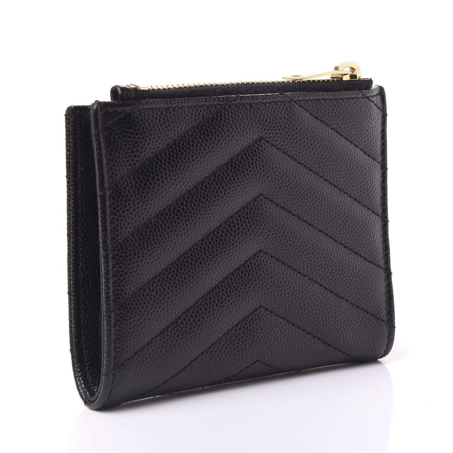 Saint Laurent Grain De Poudre Matelasse Chevron Monogram Zipped Card Case Black 2 of 8
