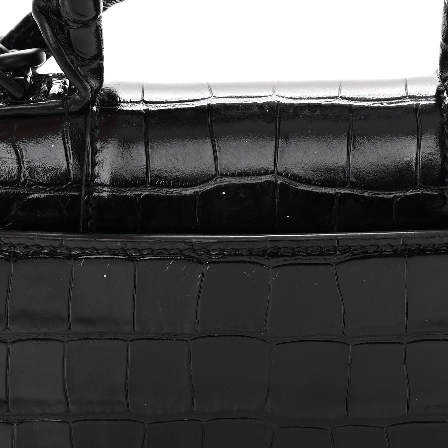 Shiny Calfskin Monochrome Crocodile Embossed Hourglass Top Handle Bag XS Black