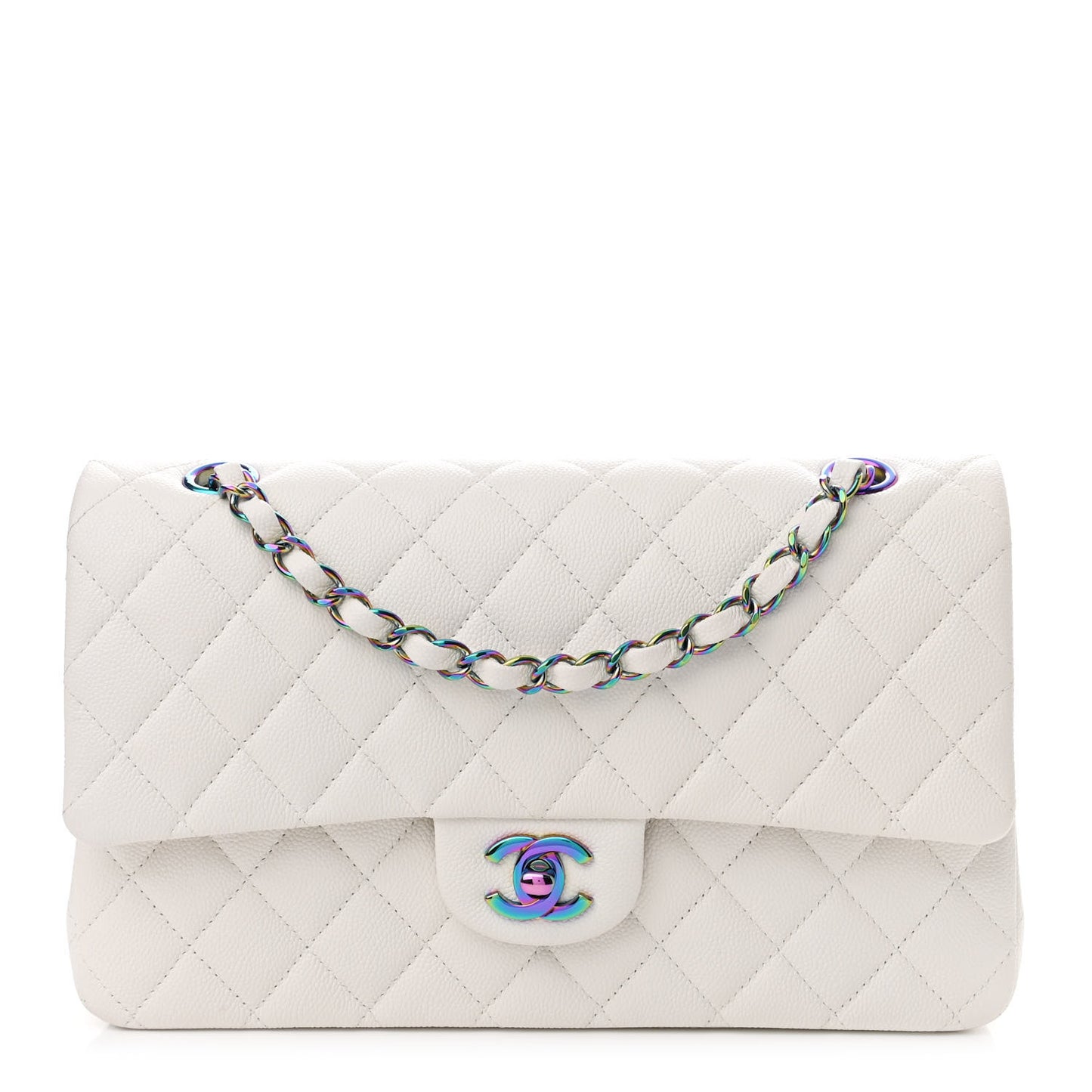 Caviar Quilted Rainbow CC Medium Double Flap White