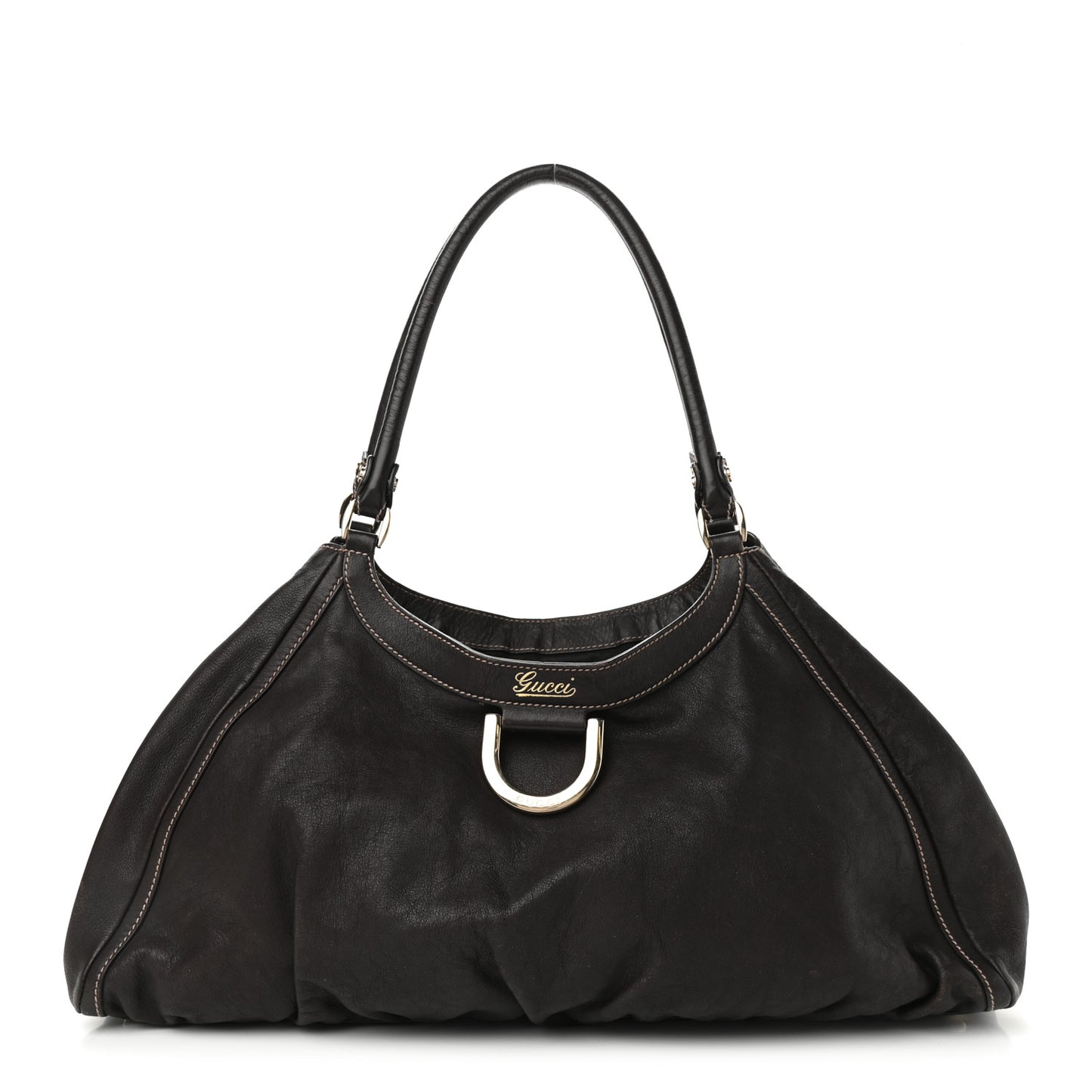 Calfskin Large D Gold Ring Shoulder Bag Chocolate