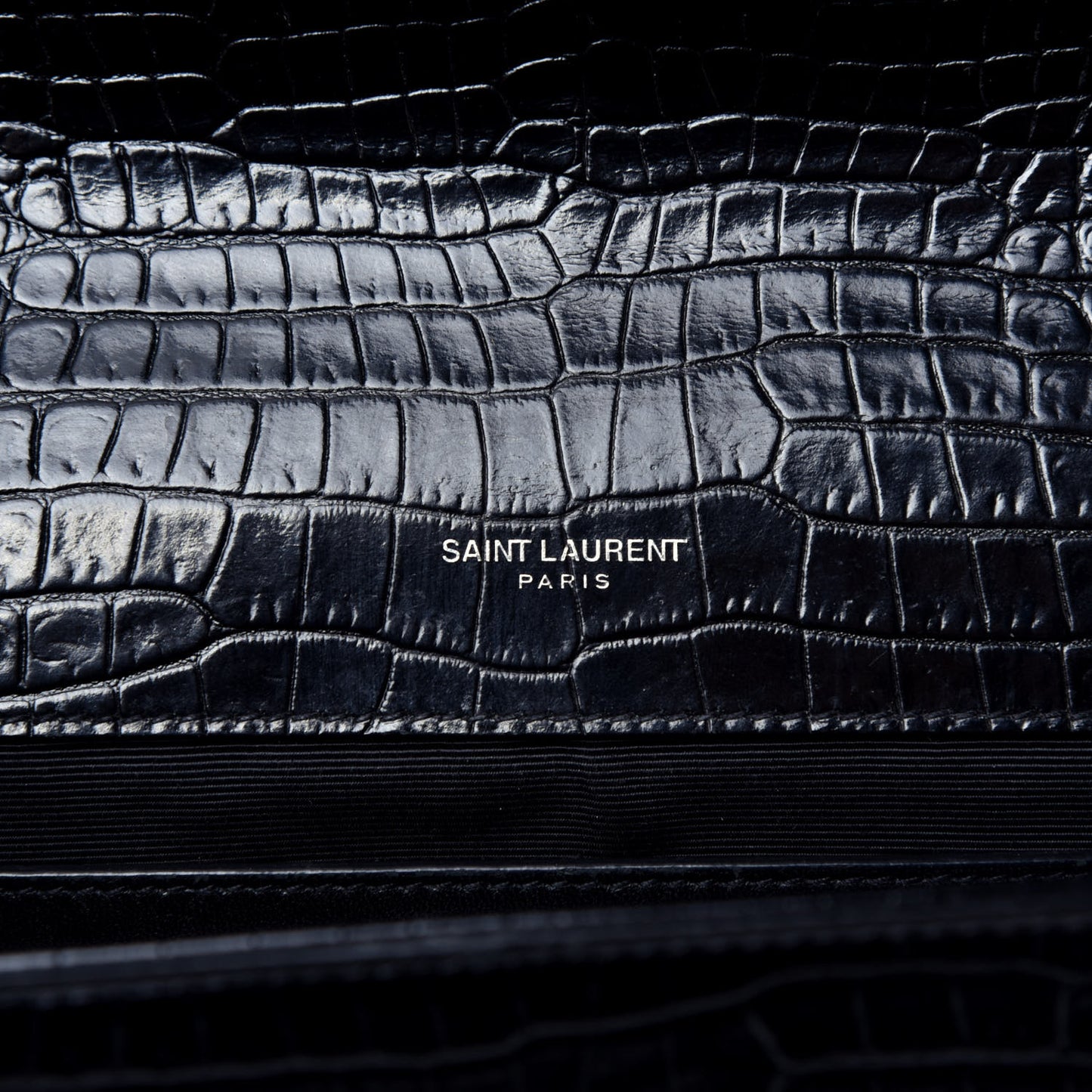 Calfskin Crocodile Embossed Medium Classic Monogram Kate Tassel Satchel Black
