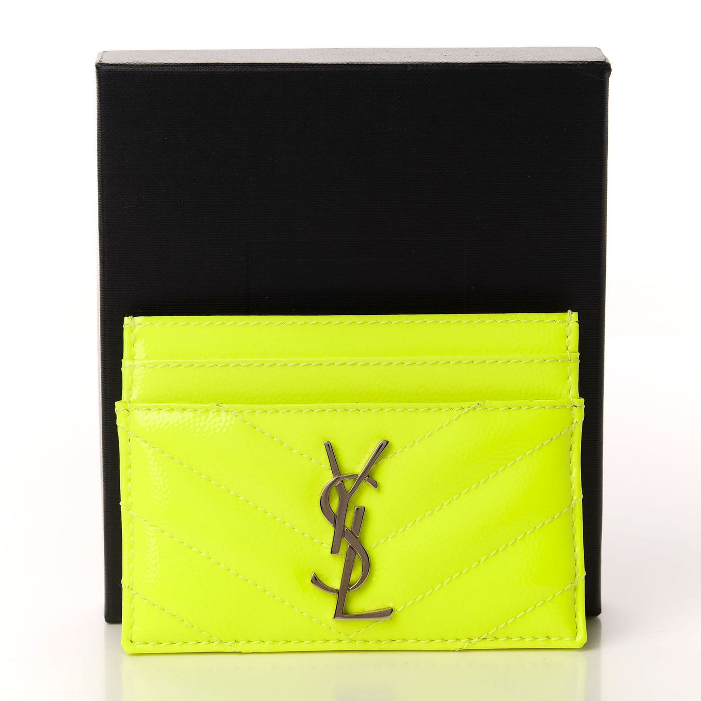 Patent Grain De Poudre Matelasse Chevron Monogram Credit Card Case Neon Yellow