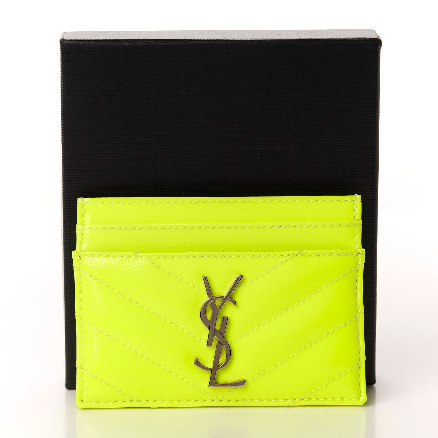 Saint Laurent Patent Grain De Poudre Matelasse Chevron Monogram Credit Card Case Neon Yellow 8 of 8