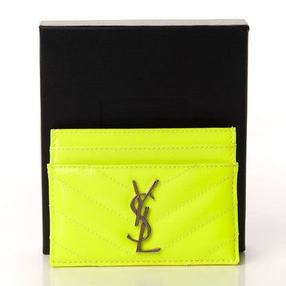 Saint Laurent Patent Grain De Poudre Matelasse Chevron Monogram Credit Card Case Neon Yellow 8 of 8