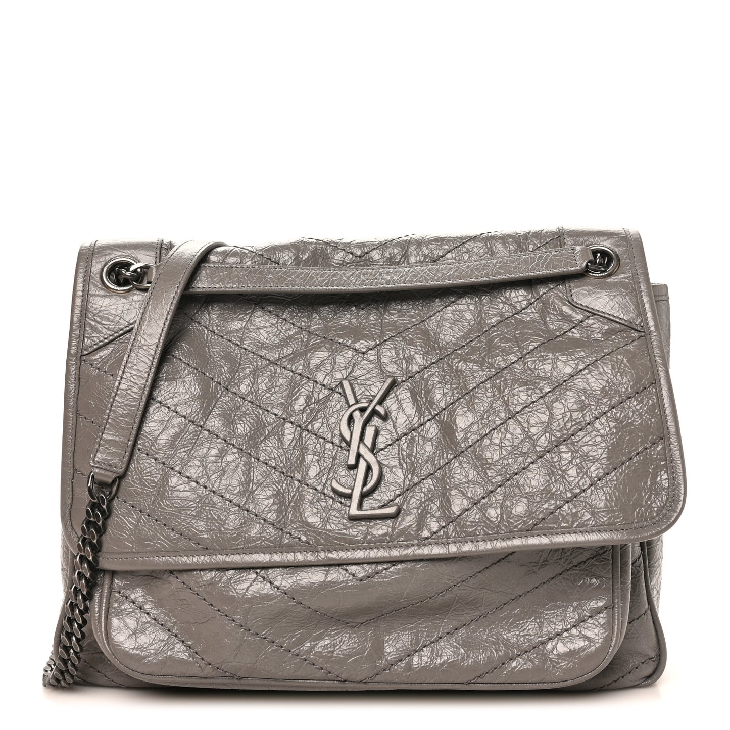 Crinkled Calfskin Matelasse Monogram Large Niki Chain Satchel Fog
