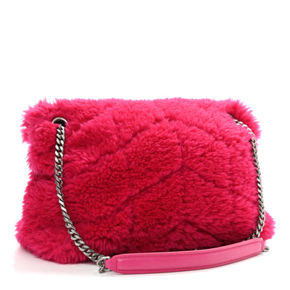 Saint Laurent Merino Shearling Lambskin Quilted Small Loulou Puffer Monogram Chain Satchel Fuchsia 3 of 11