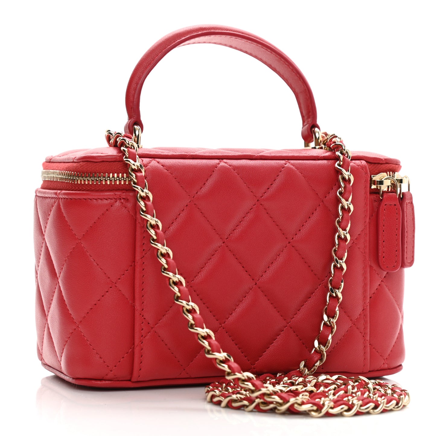 Lambskin Quilted Small Top Handle Vanity Case With Chain Red