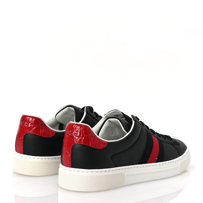 Gucci Calfskin Crocodile Web Mens Ace Sneakers 37.5 Black Red 5 of 11