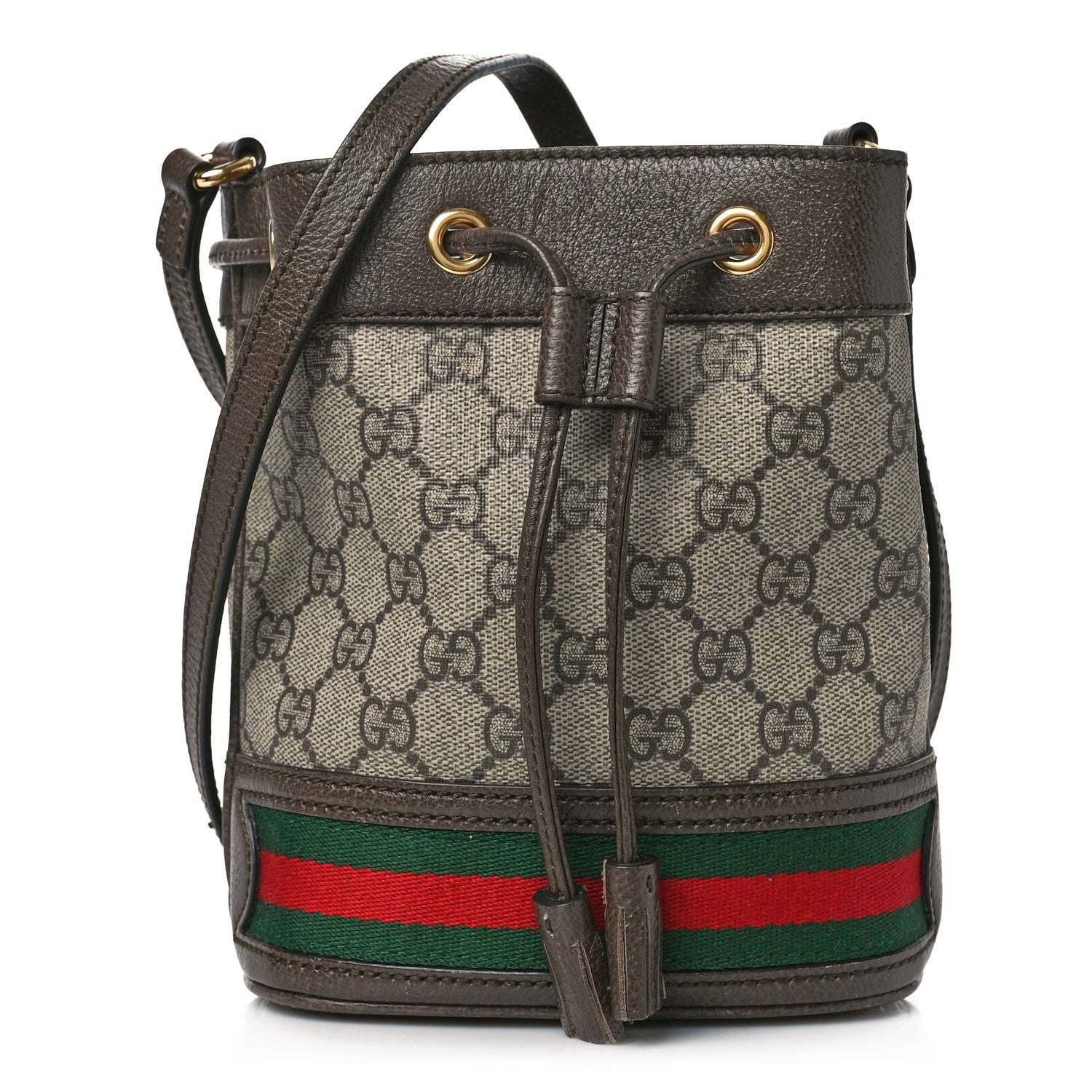 Gucci GG Supreme Monogram Web Mini Ophidia Bucket Bag Brown 1 of 9