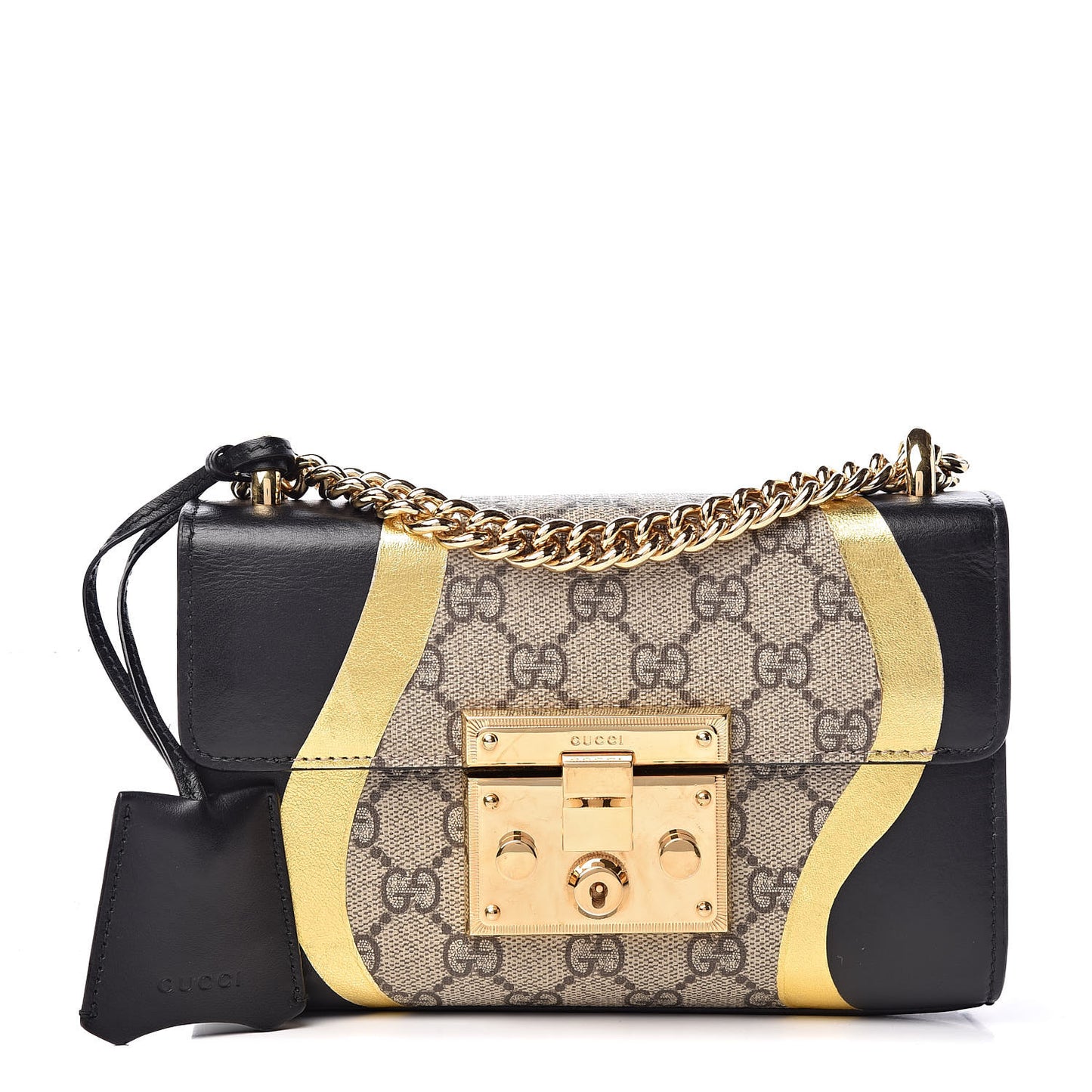 Calfskin GG Supreme Monogram Small Padlock Shoulder Bag Black Gold