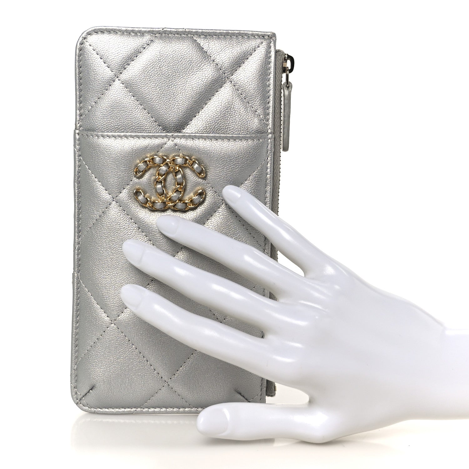 Chanel Lambskin Quilted Chanel 19 Phone and Card Holder Silver