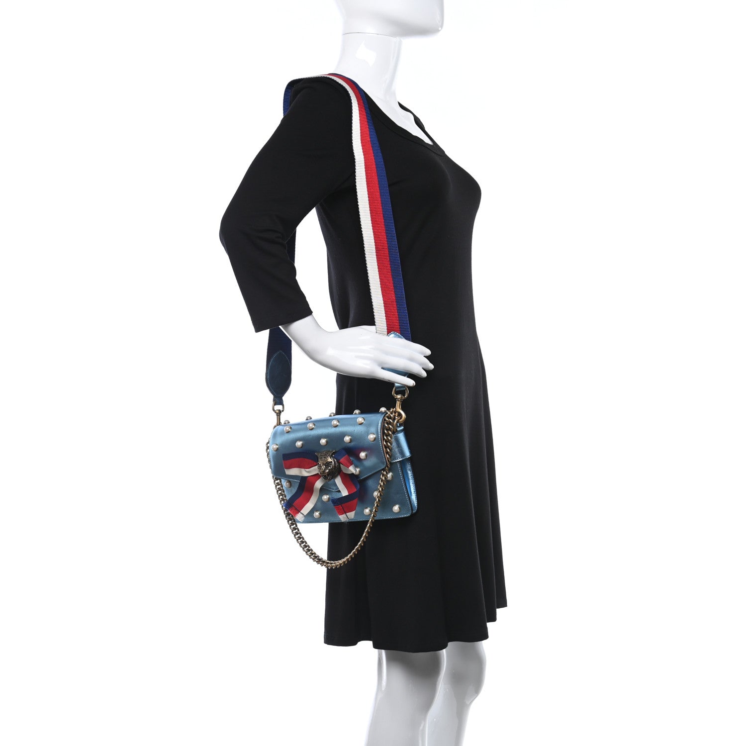Gucci Metallic Nappa Pearl Sylvie Web Tiger Broadway Shoulder Bag Blue 2 of 14