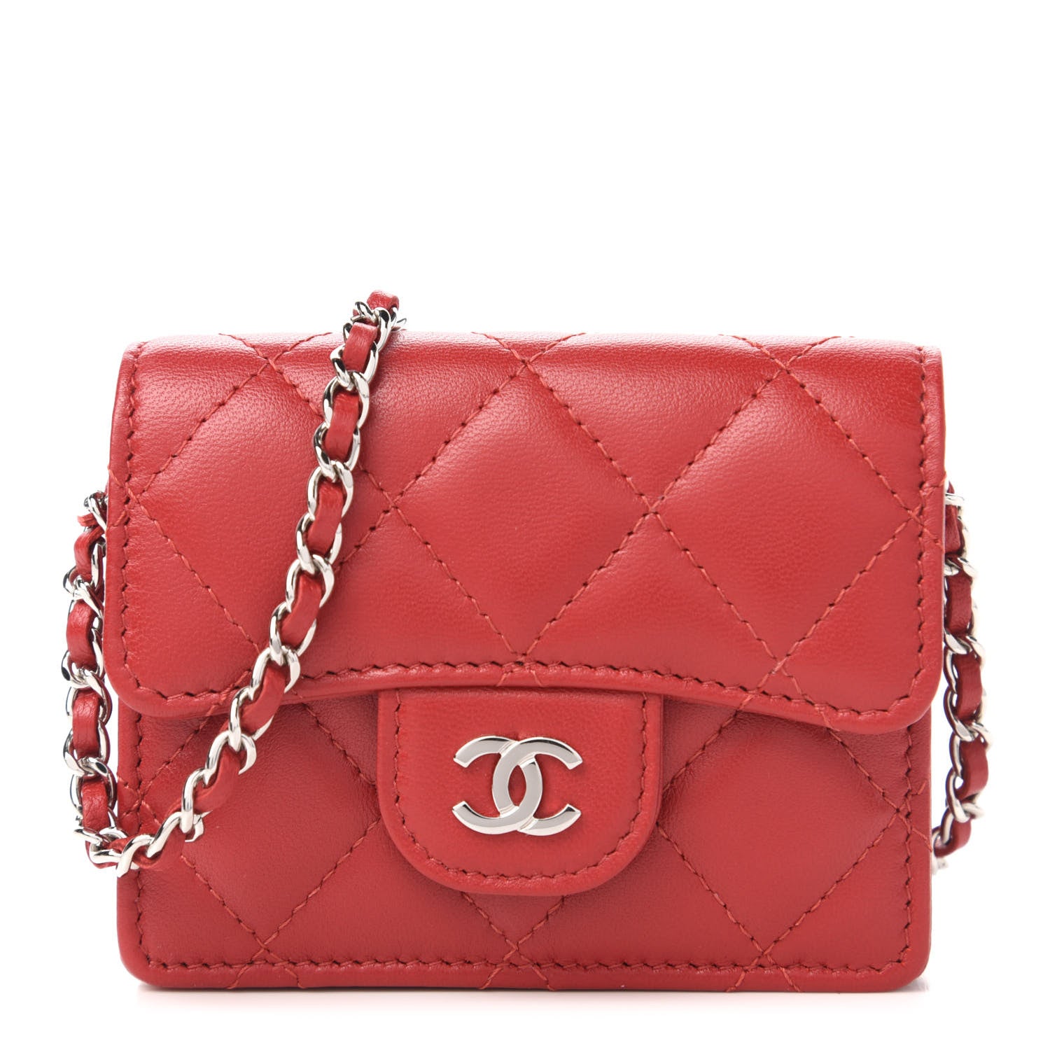 Chanel Lambskin Quilted Flap Card Holder On Chain Red 1 of 11