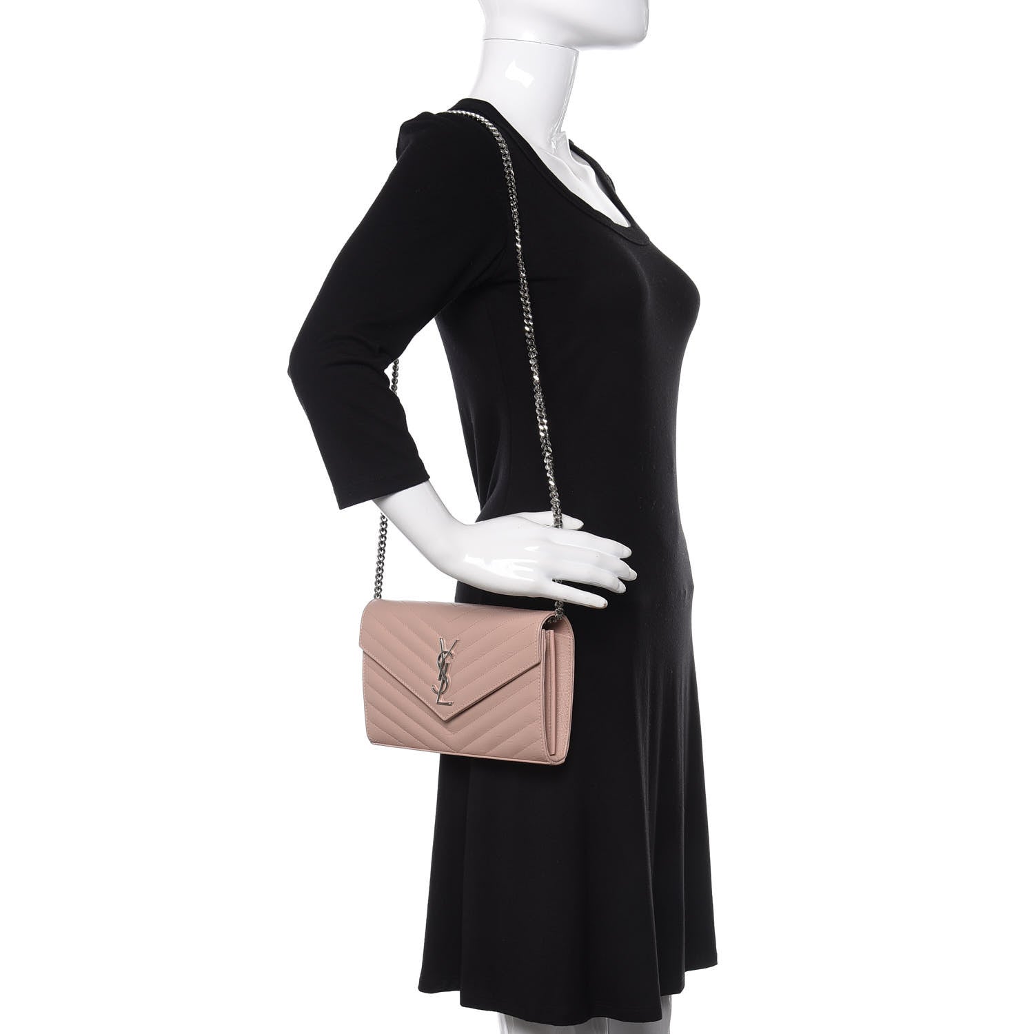 Saint Laurent Grain De Poudre Matelasse Chevron Monogram Chain Wallet Pale Pink 2 of 9
