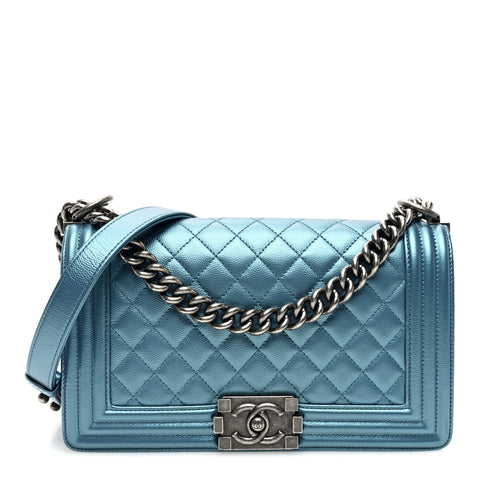 Metallic Caviar Quilted Medium Boy Flap Turquoise