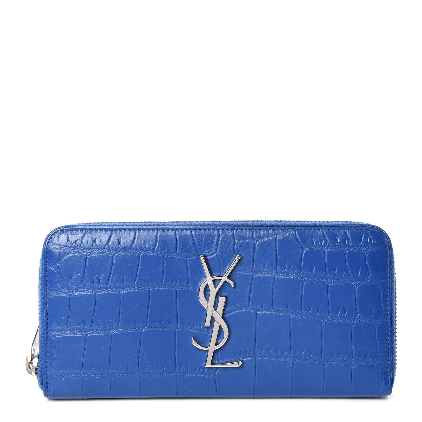 Calfskin Crocodile Embossed Monogram Zip Around Wallet Royal Blue