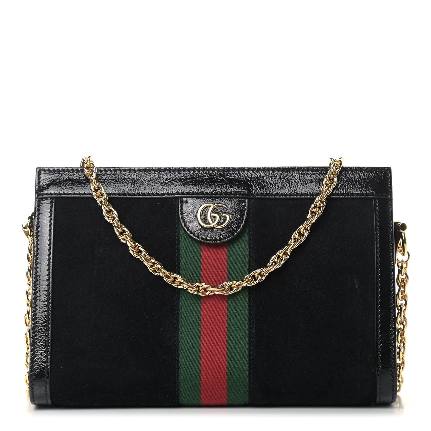 Suede Patent GG Web Small Ophidia Chain Shoulder Bag Black