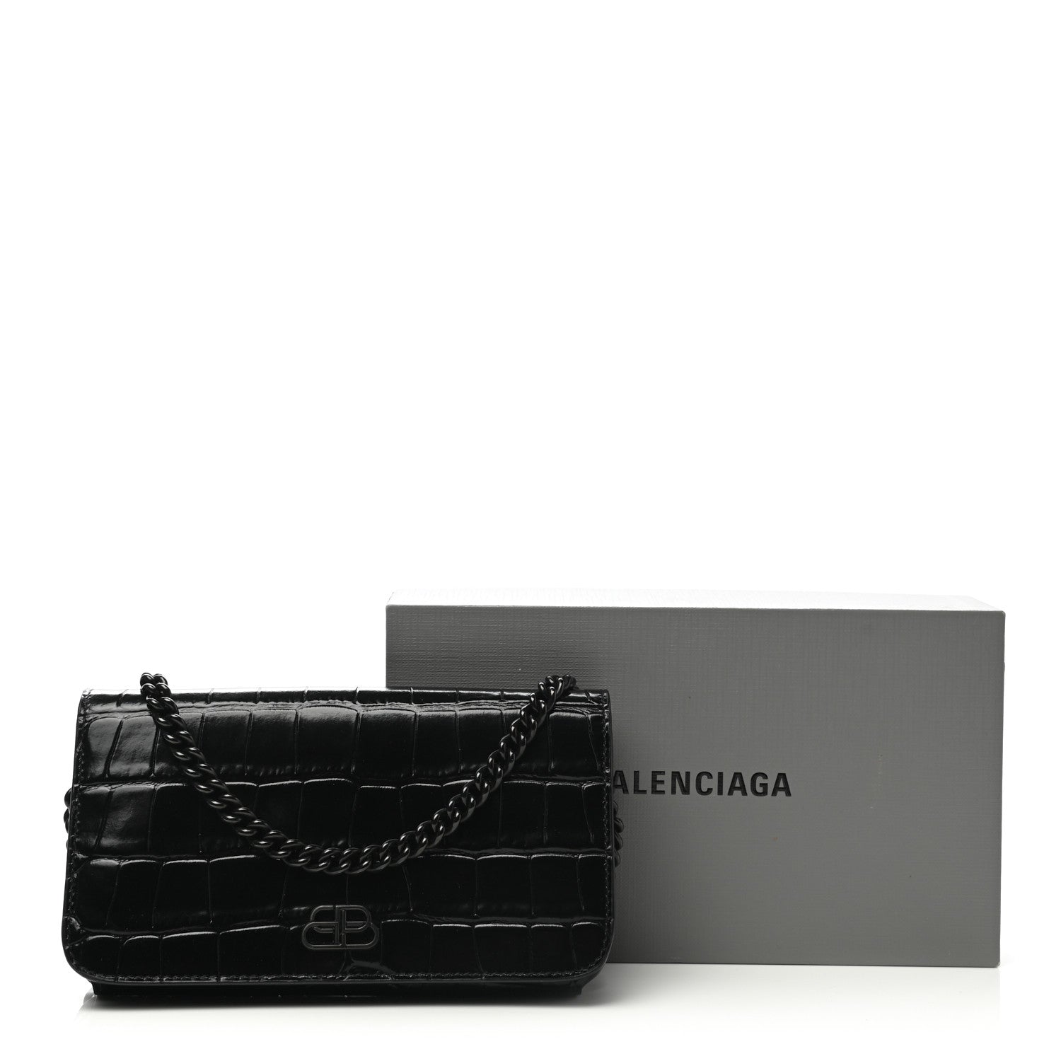 Balenciaga Shiny Calfskin Crocodile Embossed BB Phone Holder Wallet On Chain Black 7 of 7