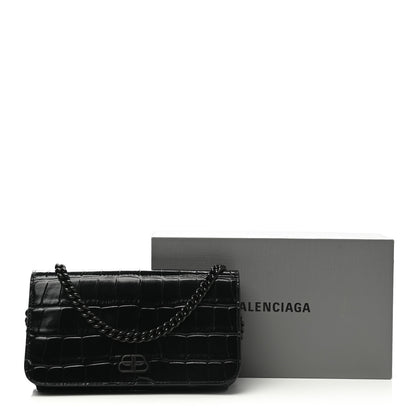 Balenciaga Shiny Calfskin Crocodile Embossed BB Phone Holder Wallet On Chain Black 7 of 7