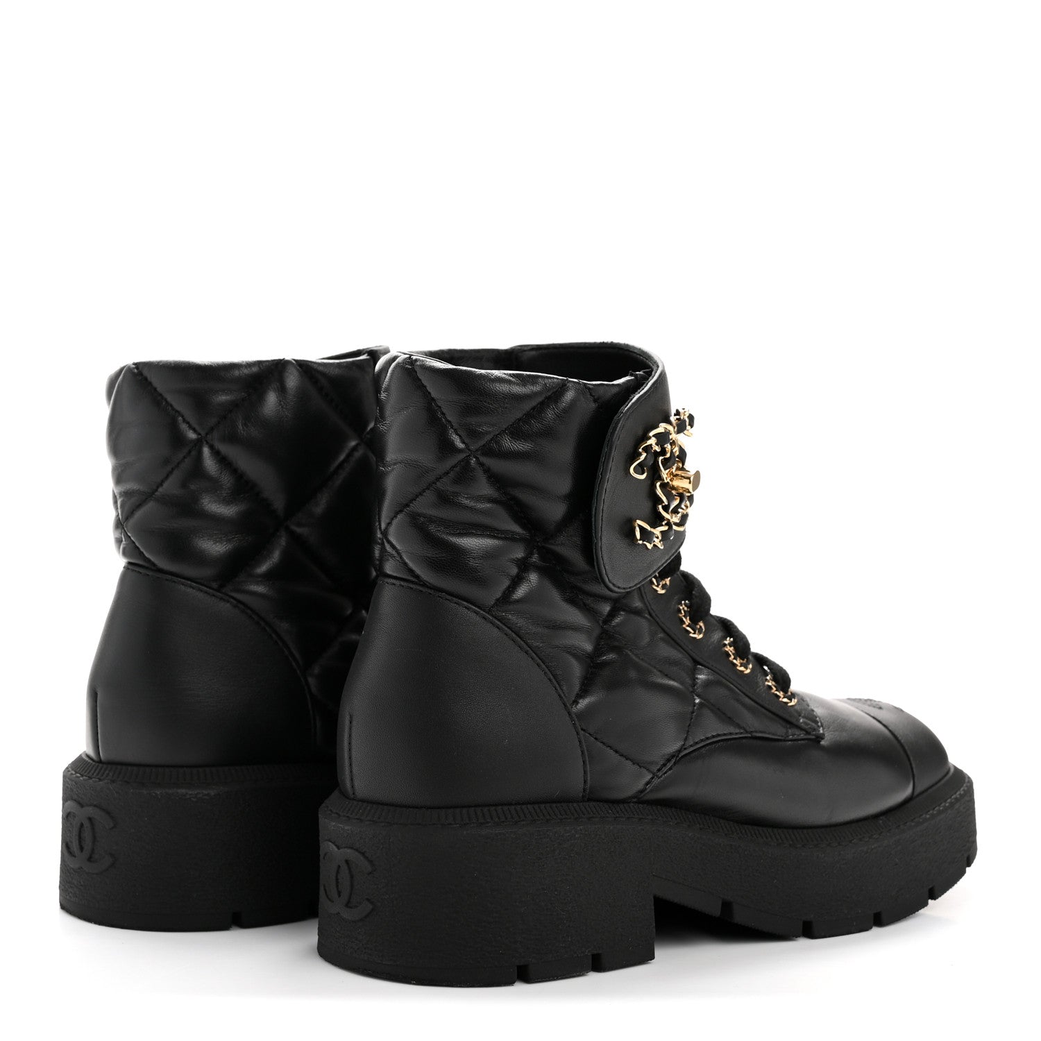 Chanel Lambskin Calfskin Quilted Lace Up Combat Boots 38 Black 5 of 10