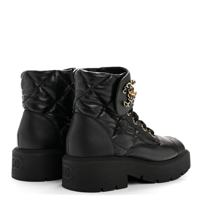 Chanel Lambskin Calfskin Quilted Lace Up Combat Boots 38 Black 5 of 10