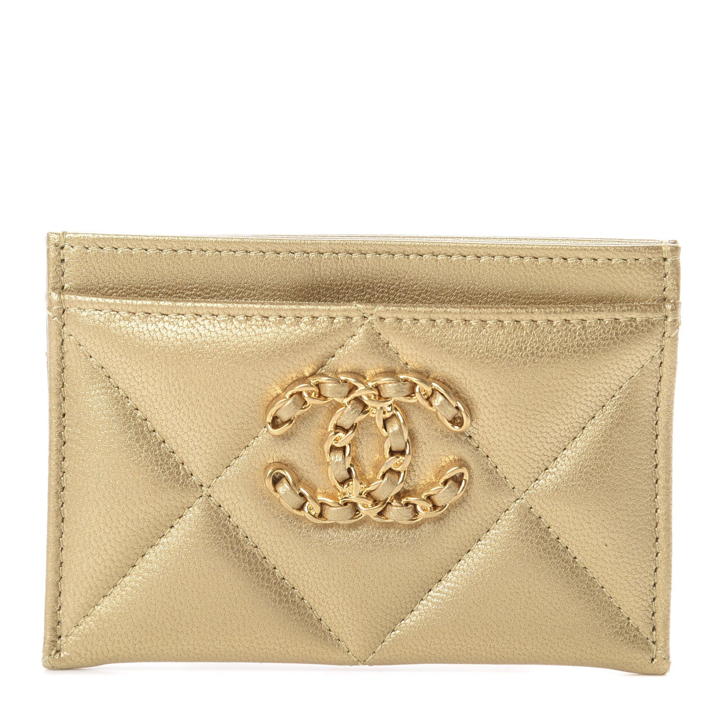 Metallic Goatskin Quilted Chanel 19 Card Holder Gold