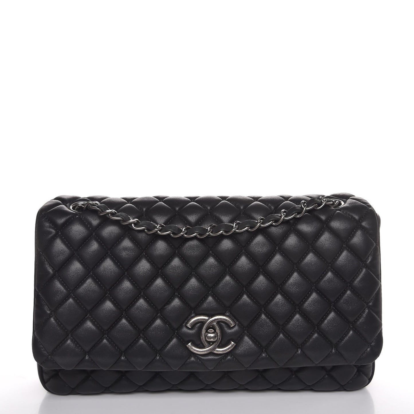 Iridescent Calfskin Quilted Large New Bubble Flap Black