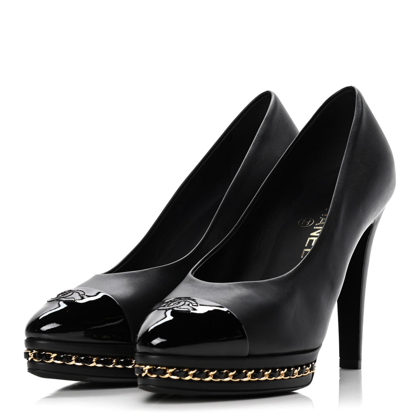 Calfskin Patent Cap Toe Chain Pumps 38.5 Black