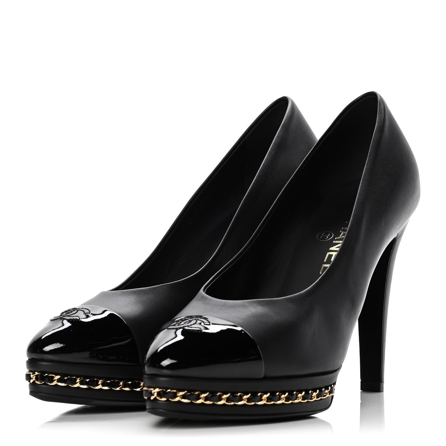 Chanel Calfskin Patent Cap Toe Chain Pumps 38.5 Black 3 of 12