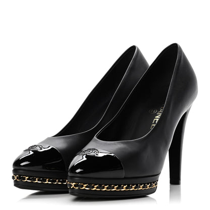 Chanel Calfskin Patent Cap Toe Chain Pumps 38.5 Black 3 of 12