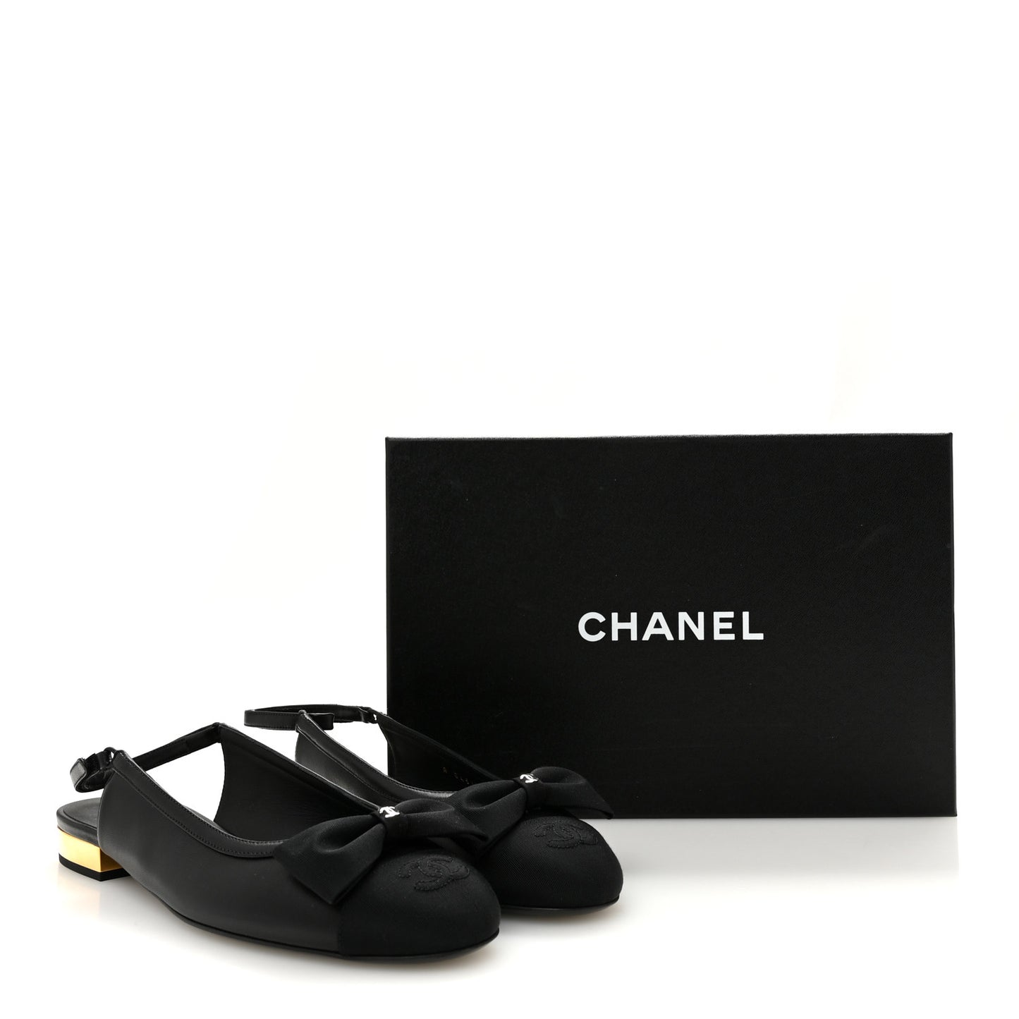 Lambskin Grosgrain Bow Cap Toe CC Slingback Flats 40 Black