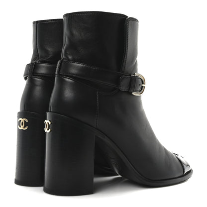 Chanel Calfskin Patent Cap Toe Interlocking CC Ankle Boots 39 Black 5 of 10