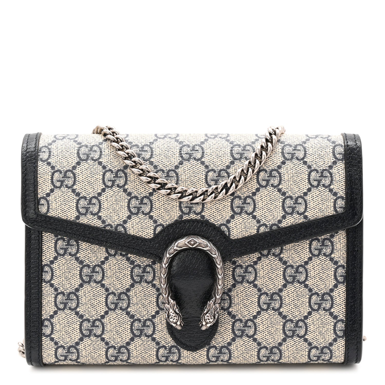 Gucci GG Supreme Monogram Textured Dollar Calfskin Mini Dionysus Chain Wallet Beige Blue 1 of 10
