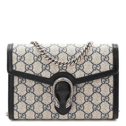 Gucci GG Supreme Monogram Textured Dollar Calfskin Mini Dionysus Chain Wallet Beige Blue 1 of 10
