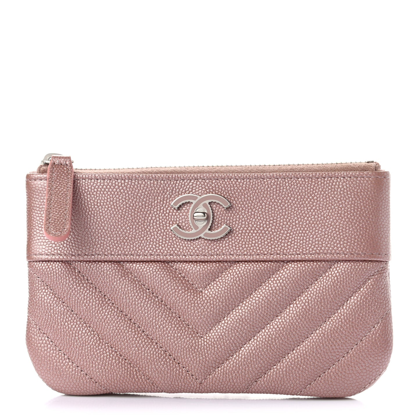Metallic Caviar Chevron Quilted Small Vintage Mademoiselle Cosmetic Case Pink