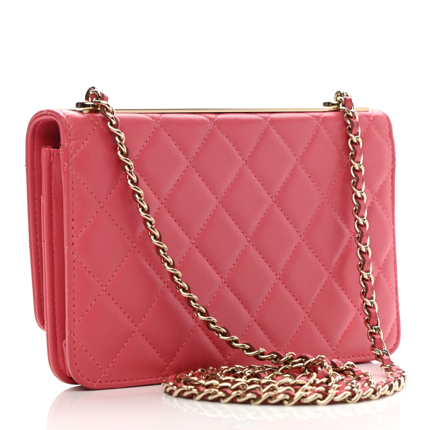 Lambskin Quilted Trendy CC Wallet On Chain WOC Bright Pink