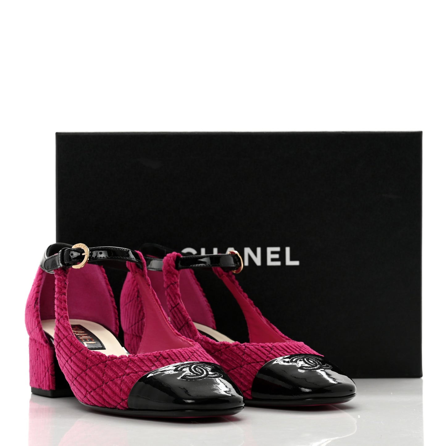 Corduroy Patent Calfskin Cap Toe Quilted Mary Jane Flats 39.5 Fuchsia Black