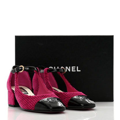 Chanel Corduroy Patent Calfskin Cap Toe Quilted Mary Jane Flats 39.5 Fuchsia Black 9 of 9