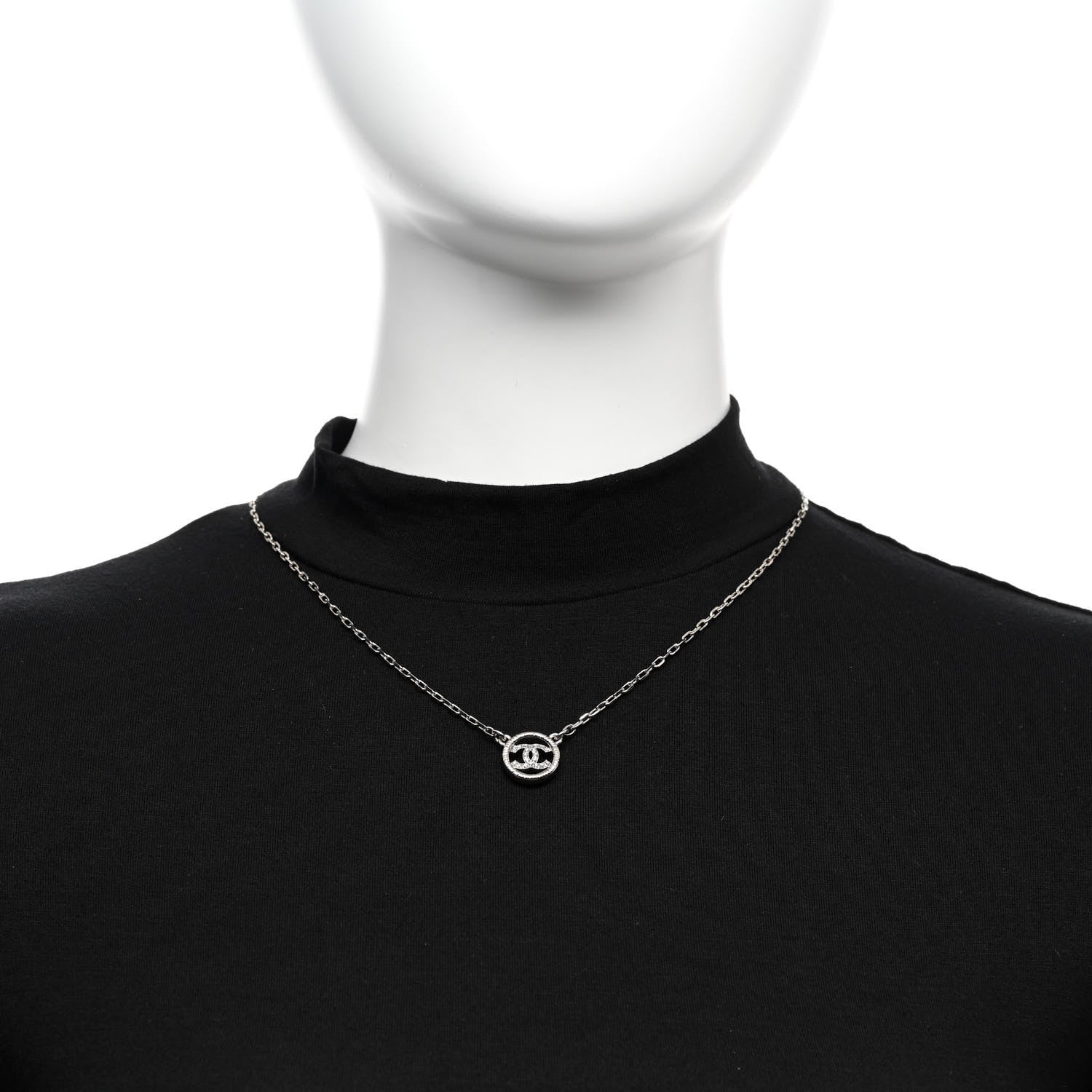 Chanel Metal Crystal CC Round Pendant Necklace Silver 2 of 5