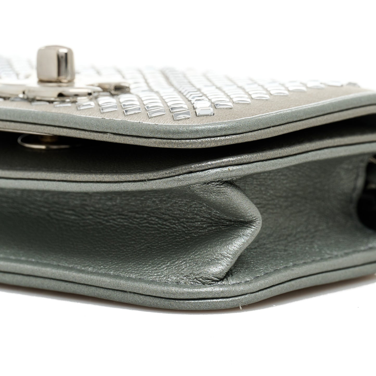 Metallic Lambskin Crystal Quilted Mini Chain Belt Bag Silver