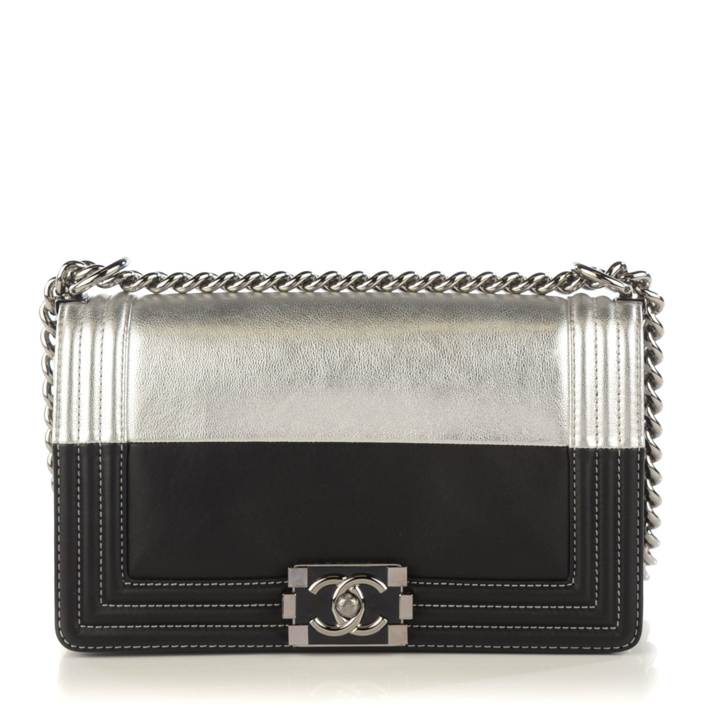 Metallic Goatskin Calfskin Medium Boy Flap Silver Black