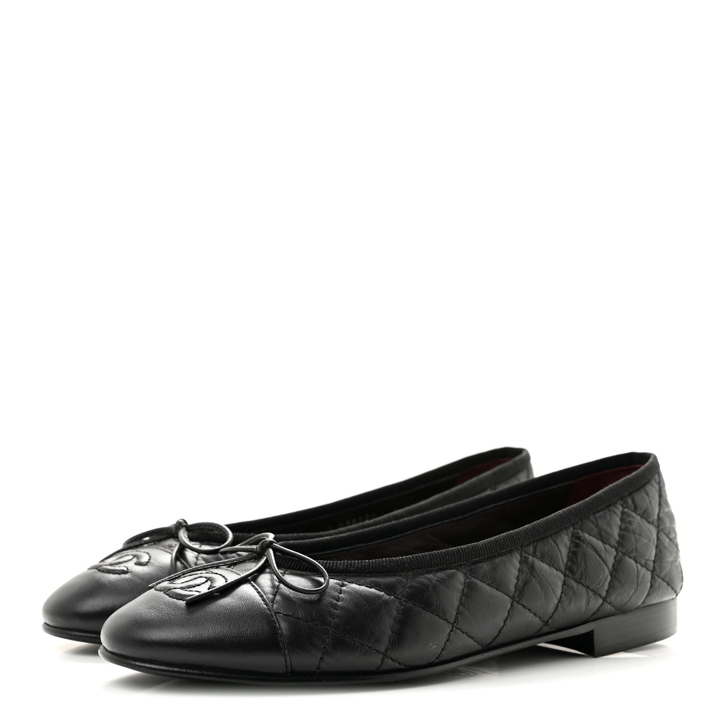 Aged Calfskin Quilted CC Cap Toe Ballerina Flats 35.5 Black