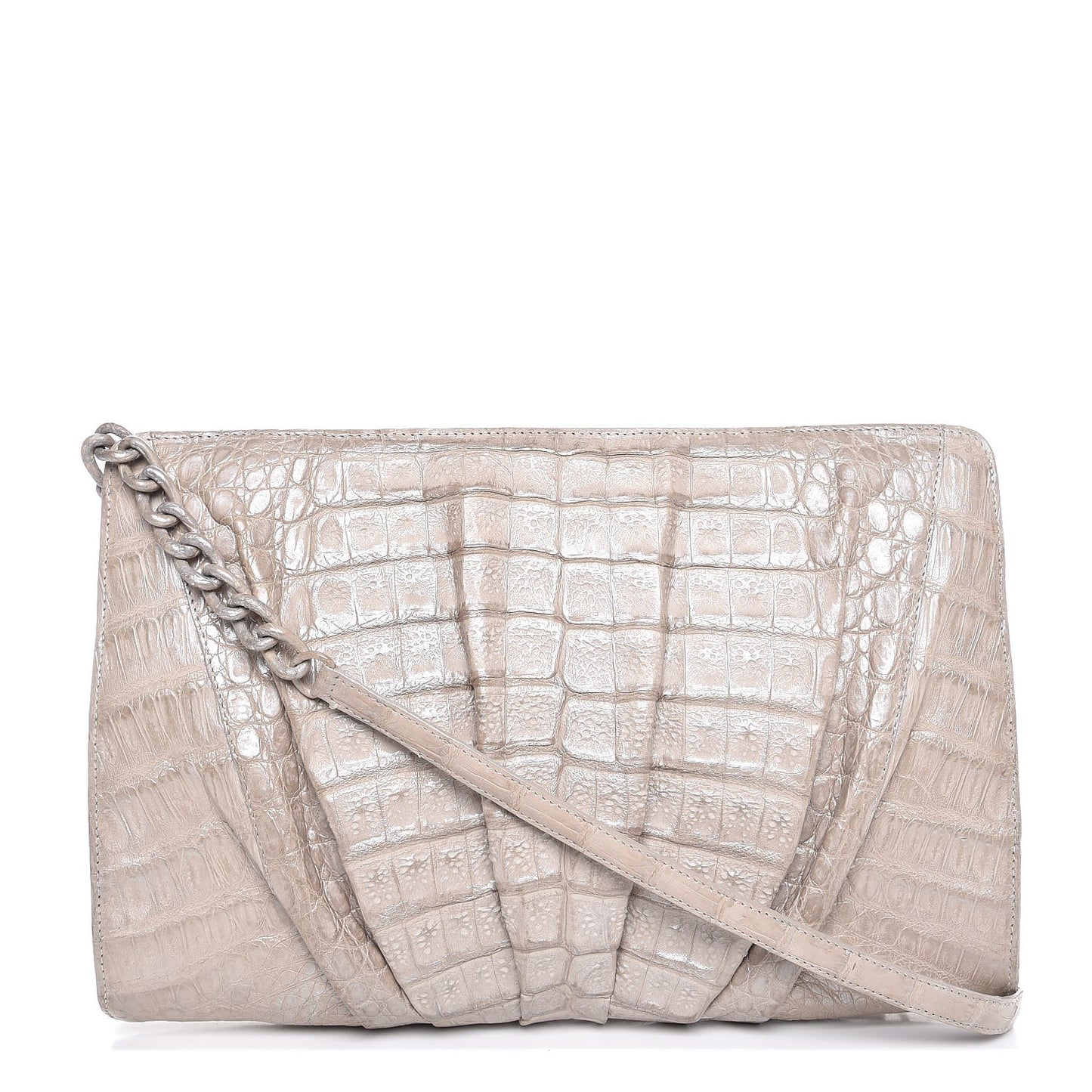 Metallic Crocodile Slim Frame Chain Clutch Silver