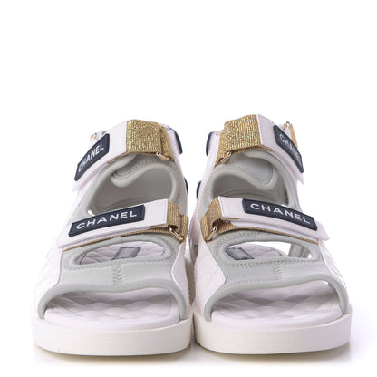 Chanel Goatskin Fabric Gladiator Sandals 38.5 White Light Grey Navy Blue 2 of 10
