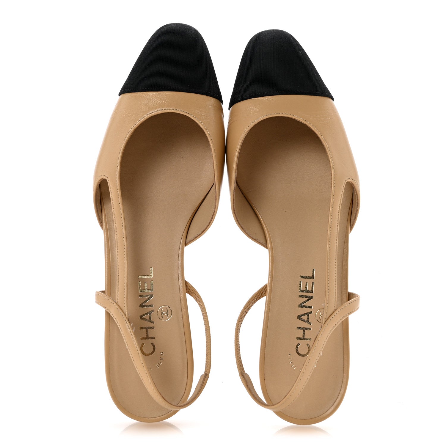 Chanel Goatskin Grosgrain Cap Toe CC Slingback Sandals 38.5 Beige Black 2 of 10