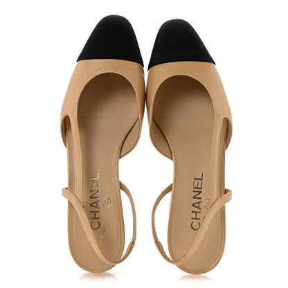 Chanel Goatskin Grosgrain Cap Toe CC Slingback Sandals 38.5 Beige Black 2 of 10