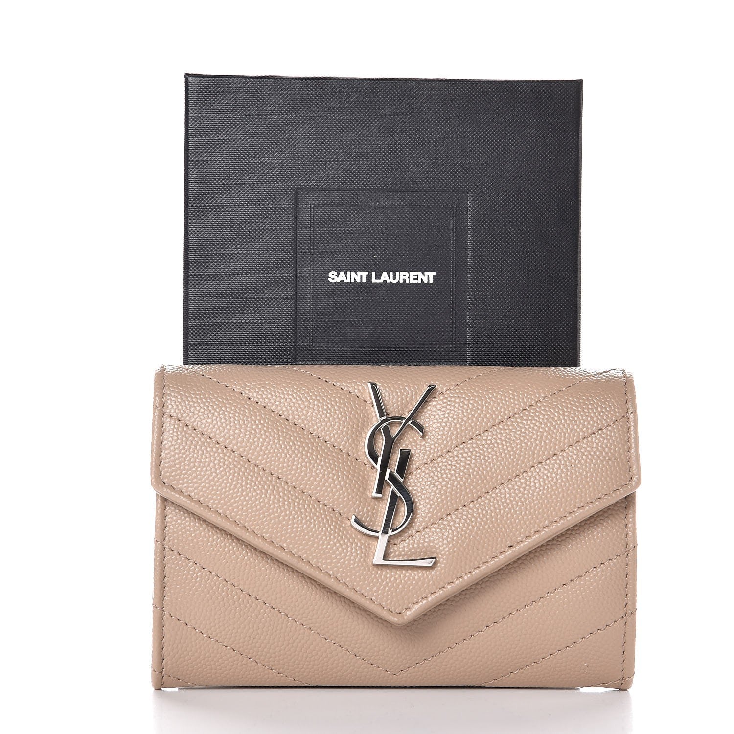 Saint Laurent Grain De Poudre Matelasse Chevron Small Monogram Envelope Wallet Dark Beige 9 of 9