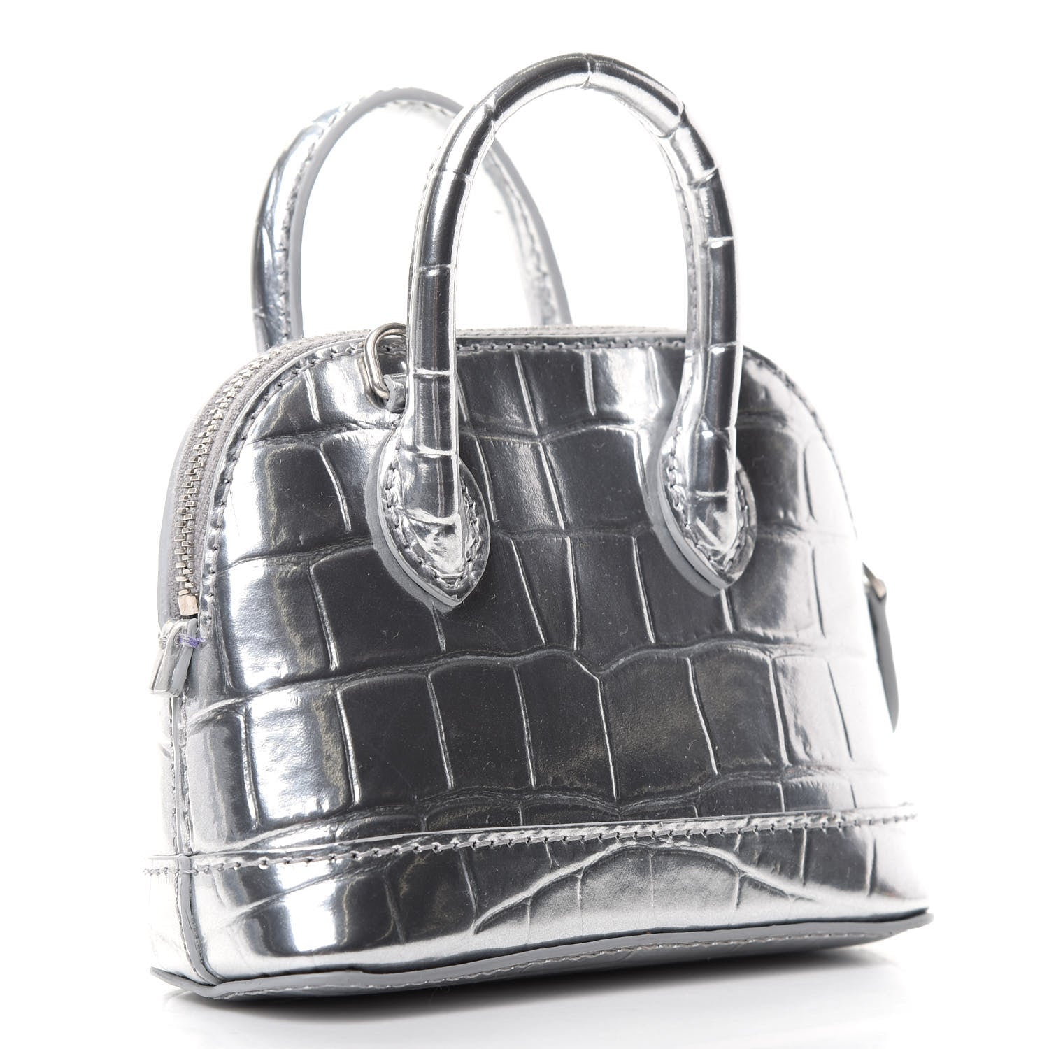 Balenciaga Metallic Calfskin Logo Crocodile Embossed Mini Ville Top Handle Bag Silver Black 3 of 6