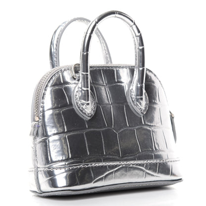 Balenciaga Metallic Calfskin Logo Crocodile Embossed Mini Ville Top Handle Bag Silver Black 3 of 6